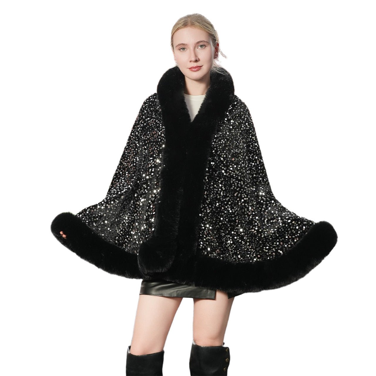 Knitted All - matching Loose Cloak Robe Fleece - lined Sequined Elegant Shawl - ROMANCE