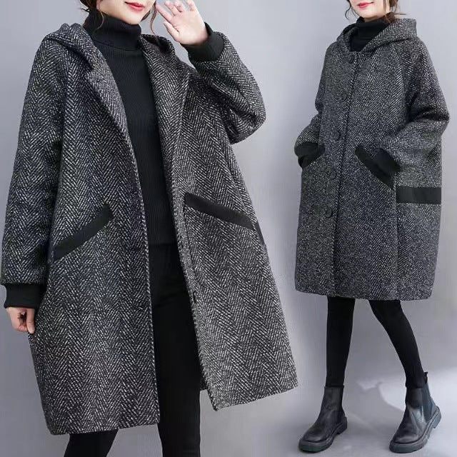 Winter Korean Style Loose Hooded Women's Mid - length Velvet Padded Thickened Coat - ROMANCE