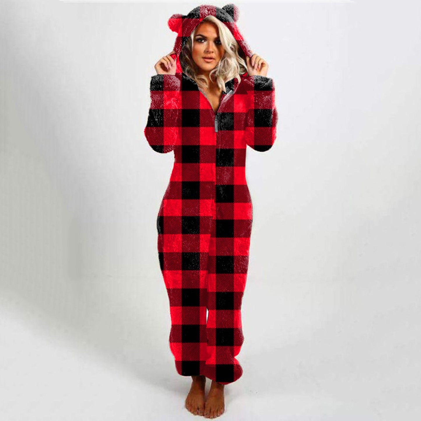 Women's Hooded Plaid Velvet Jumpsuit - Slim Fit Casual Romper - ROMANCE