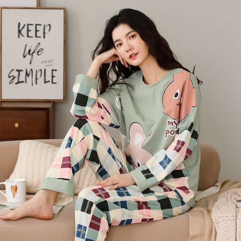 Women's Cute Cartoon Bear Print Pajama Set - 2 Piece Sleepwear Lounge Set - ROMANCE