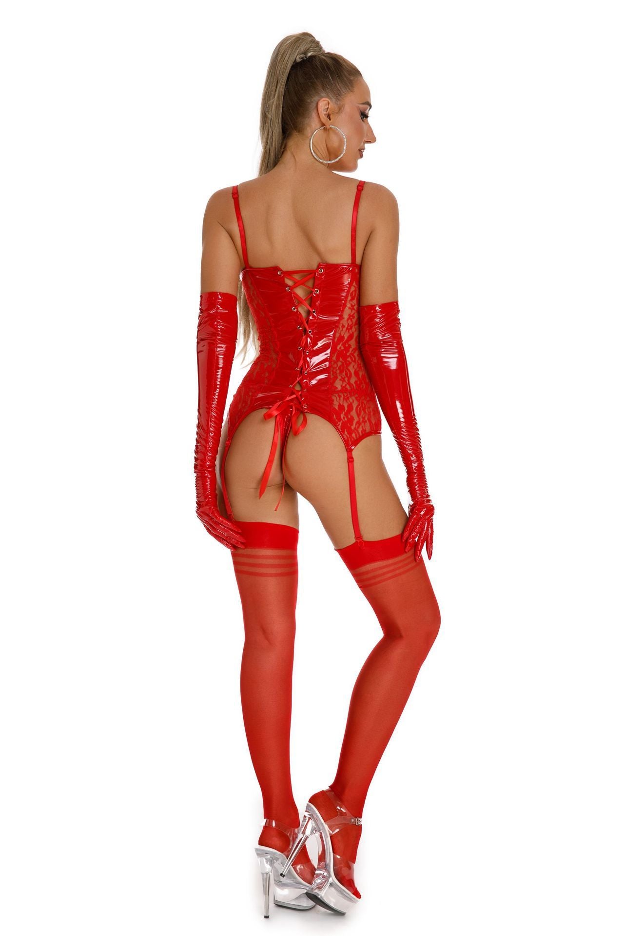 Glossy Patent Leather Tights with Lace Detail - Nightclub Style - ROMANCE