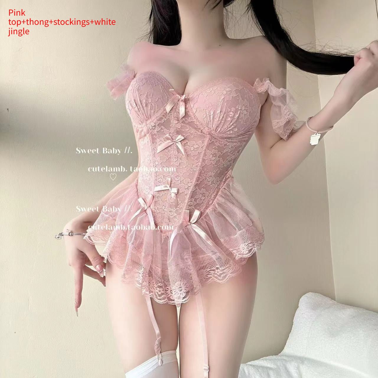 Lace Lingerie Set - Spaghetti Strap See - Through Top with Thong - ROMANCE