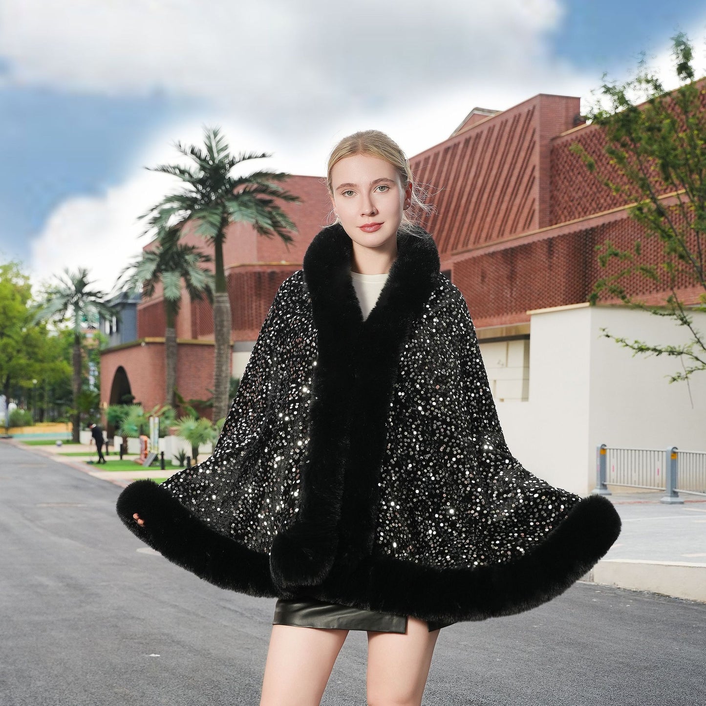 Knitted All - matching Loose Cloak Robe Fleece - lined Sequined Elegant Shawl - ROMANCE