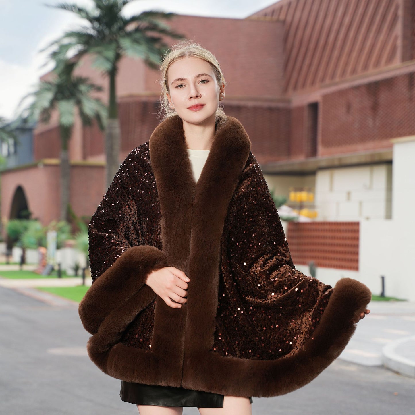 Knitted All - matching Loose Cloak Robe Fleece - lined Sequined Elegant Shawl - ROMANCE