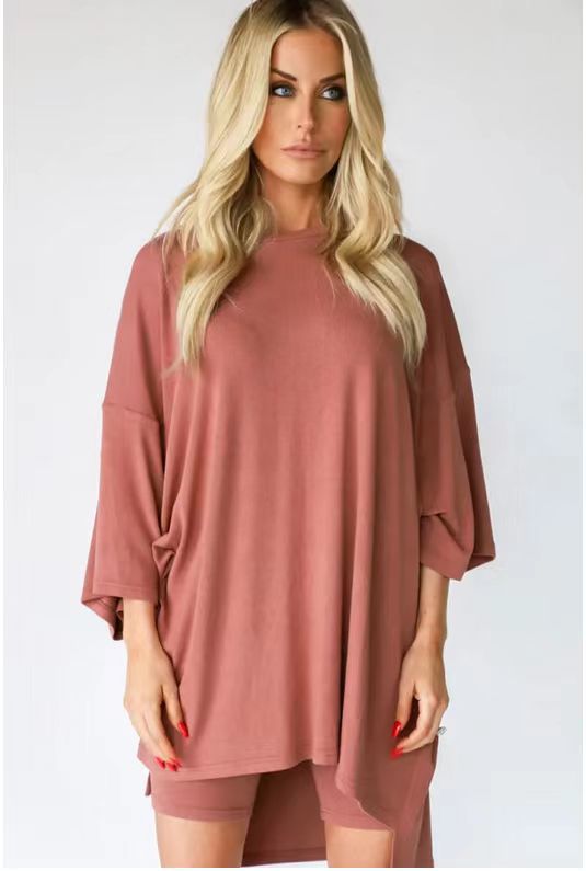 Women's Solid Color Loose T-Shirt & Tight Shorts Set - ROMANCE