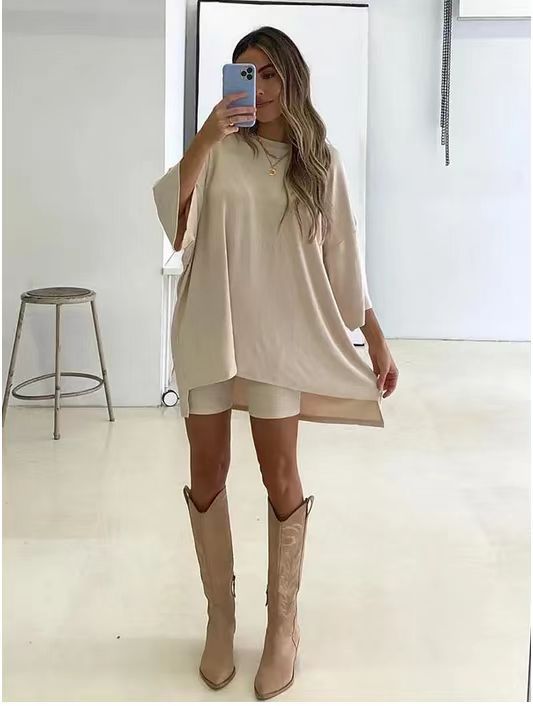 Women's Solid Color Loose T-Shirt & Tight Shorts Set - ROMANCE