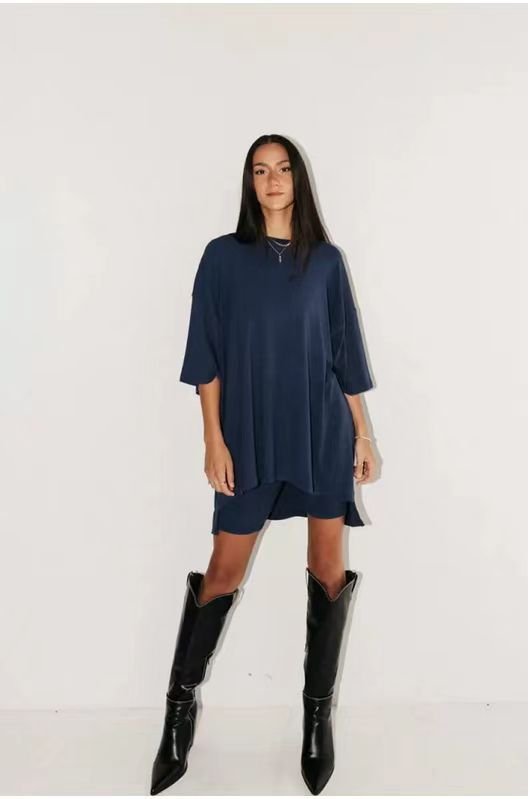 Women's Solid Color Loose T-Shirt & Tight Shorts Set - ROMANCE