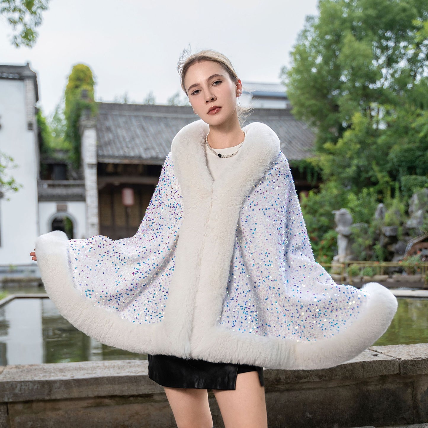 Knitted All - matching Loose Cloak Robe Fleece - lined Sequined Elegant Shawl - ROMANCE