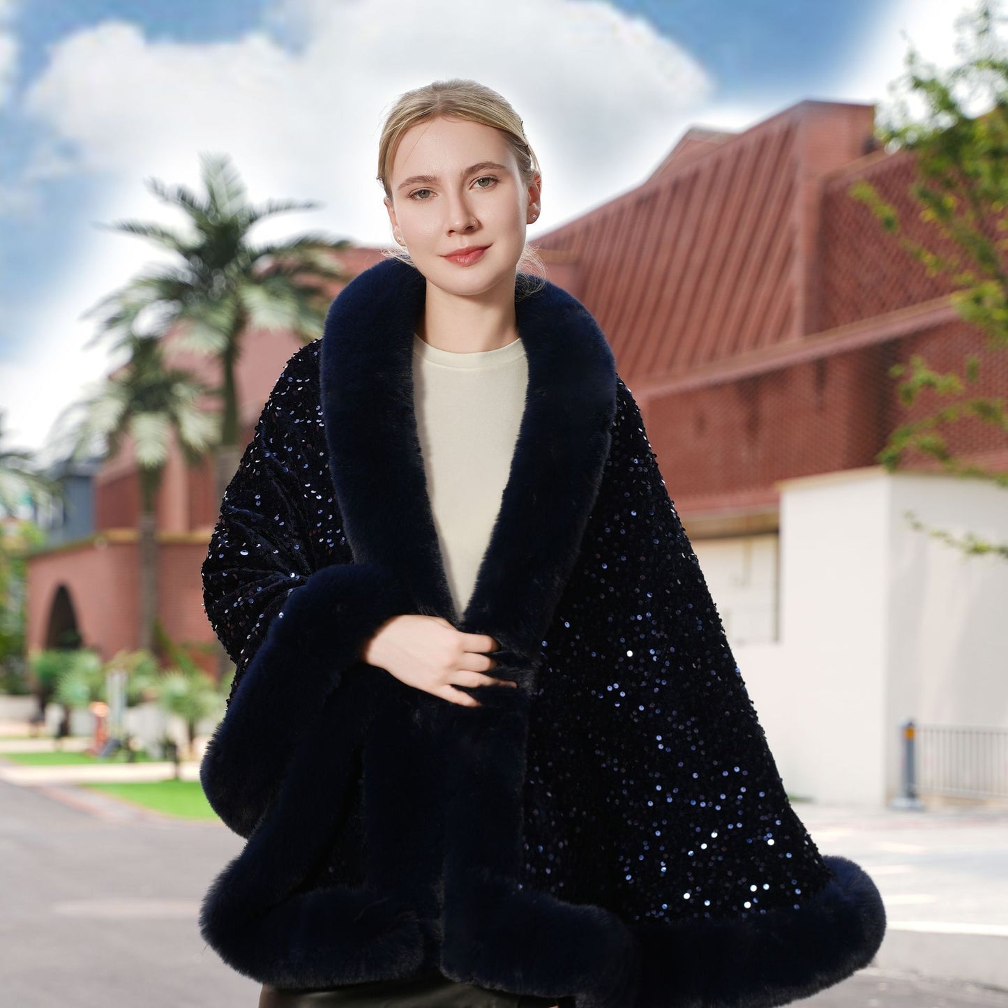 Knitted All - matching Loose Cloak Robe Fleece - lined Sequined Elegant Shawl - ROMANCE