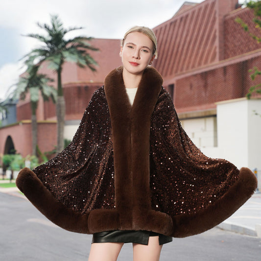 Knitted All - matching Loose Cloak Robe Fleece - lined Sequined Elegant Shawl - ROMANCE