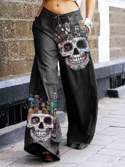 Summer Dark Rock Style Straight High Waist 3D Skull Overalls - ROMANCE