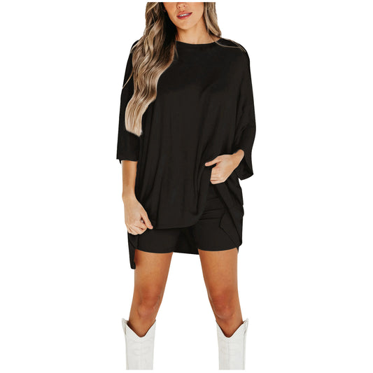 Women's Solid Color Loose T-Shirt & Tight Shorts Set - ROMANCE